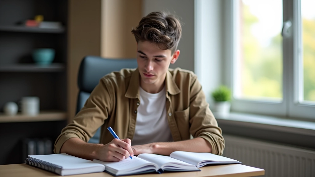 Étudiant travaillant à son bureau avec agenda et matériel d'étude organisé, environnement universitaire productif