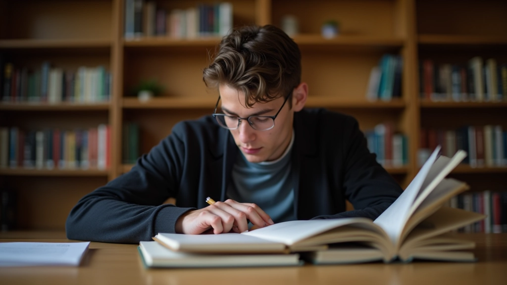 Étudiant concentré sur ses livres à la bibliothèque universitaire, prise d'étude productive