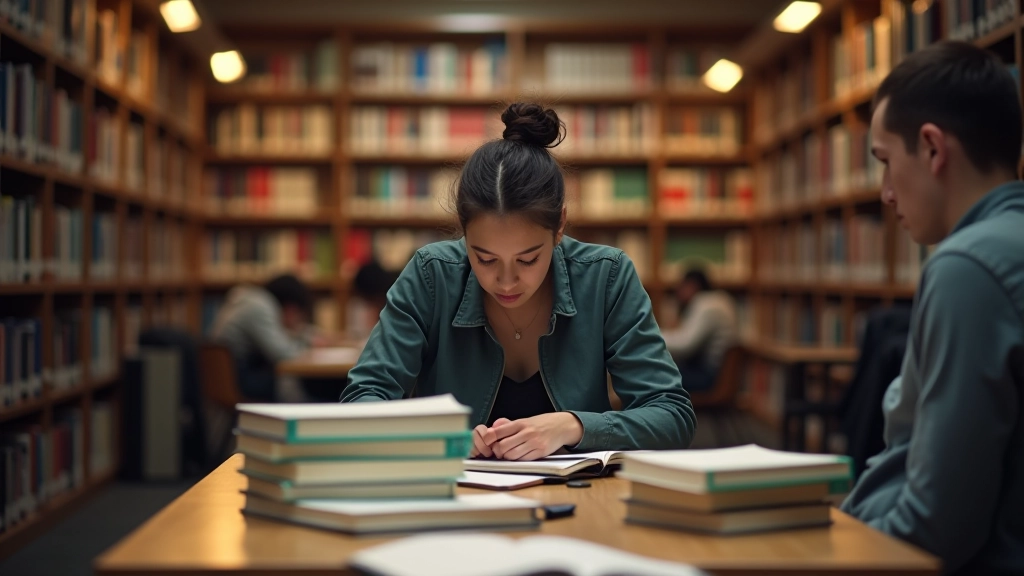 Bibliothèque universitaire avec étudiant concentré, ressources d'étude et environnement d'apprentissage